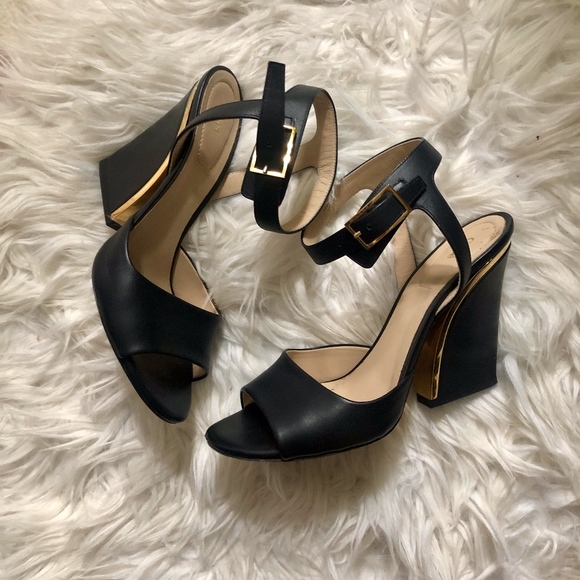{ Chloe } Black Leather Block Heel Sandal w/ Gold - Picture 2 of 7